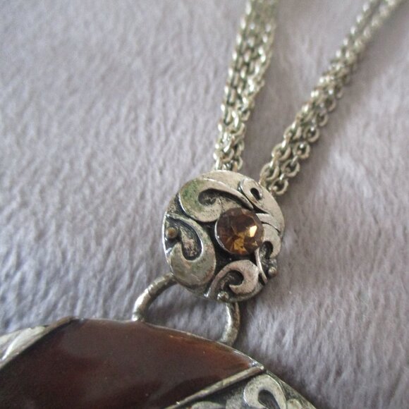 3-Strand Silver Toned Necklace w/ Brown Enamel & Stones - Picture 3 of 6